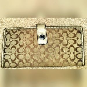 Coach Signature C Tan Clutch Wallet Gold Leather Trim